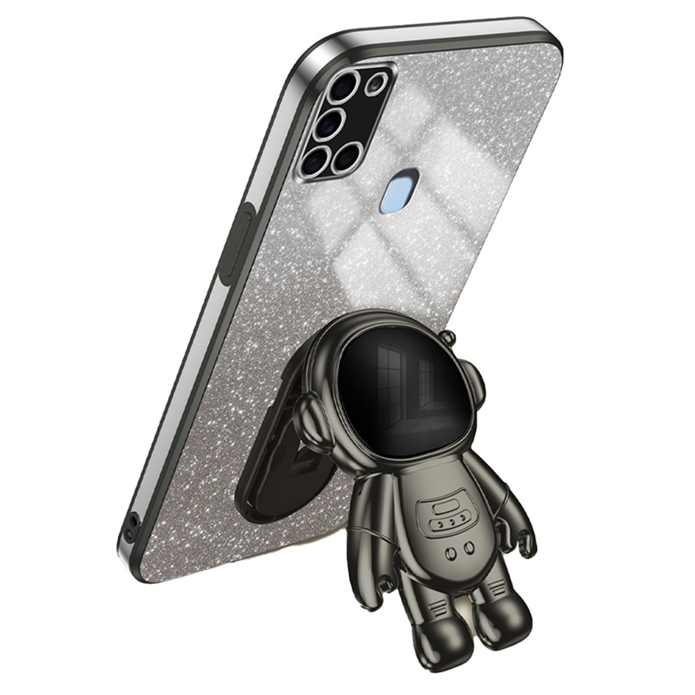 For Samsung Galaxy A21s Anti-scratch Phone Shell PC+TPU Phone Cover Case with Astronaut Kickstand - Black