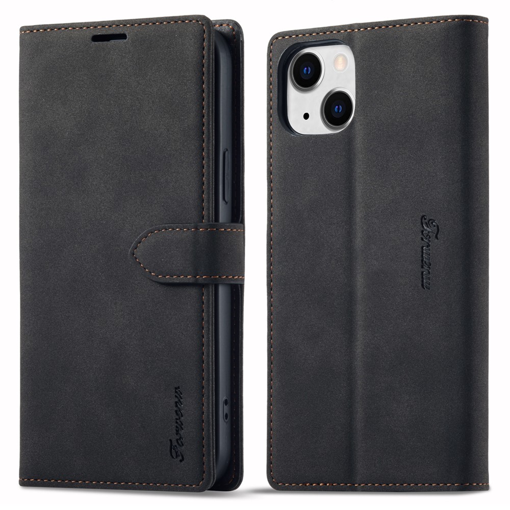 FORWENW F1 Series For iPhone 15 Plus Case Viewing Stand PU Leather Flip Cell Phone Cover - Black