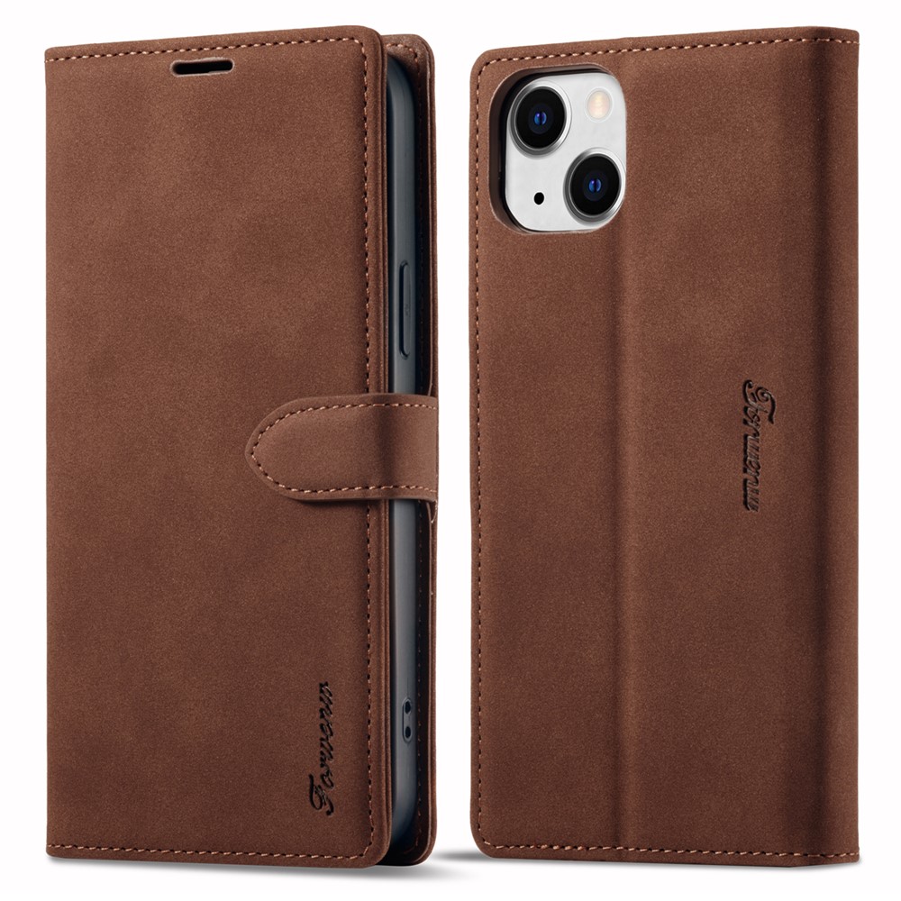 FORWENW F1 Series For iPhone 15 Plus Case Viewing Stand PU Leather Flip Cell Phone Cover - Brown