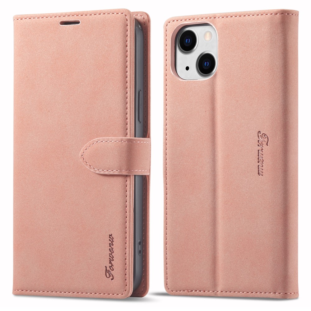 FORWENW F1 Series For iPhone 15 Plus Case Viewing Stand PU Leather Flip Cell Phone Cover - Rose Gold