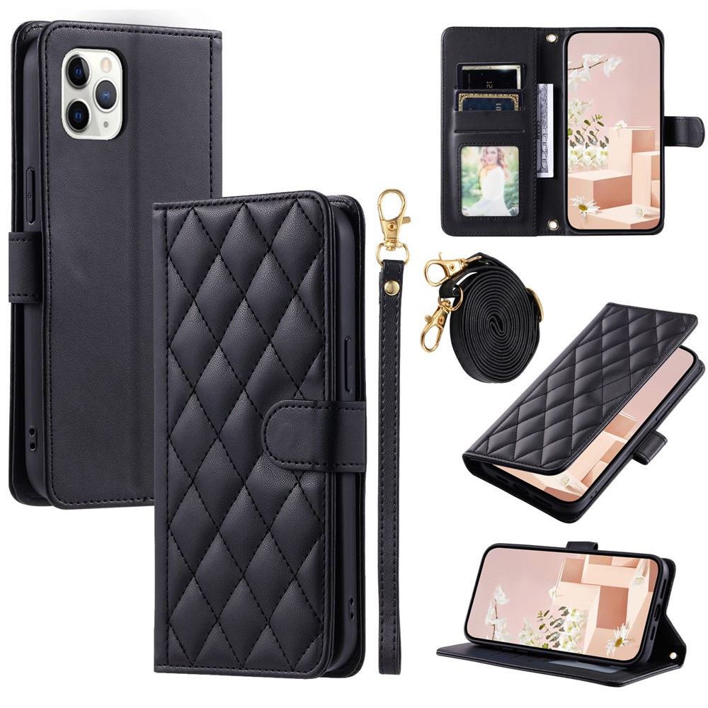 For iPhone 11 Pro Wallet Case Rhombus Grid Crossbody Leather Phone Cover - Black