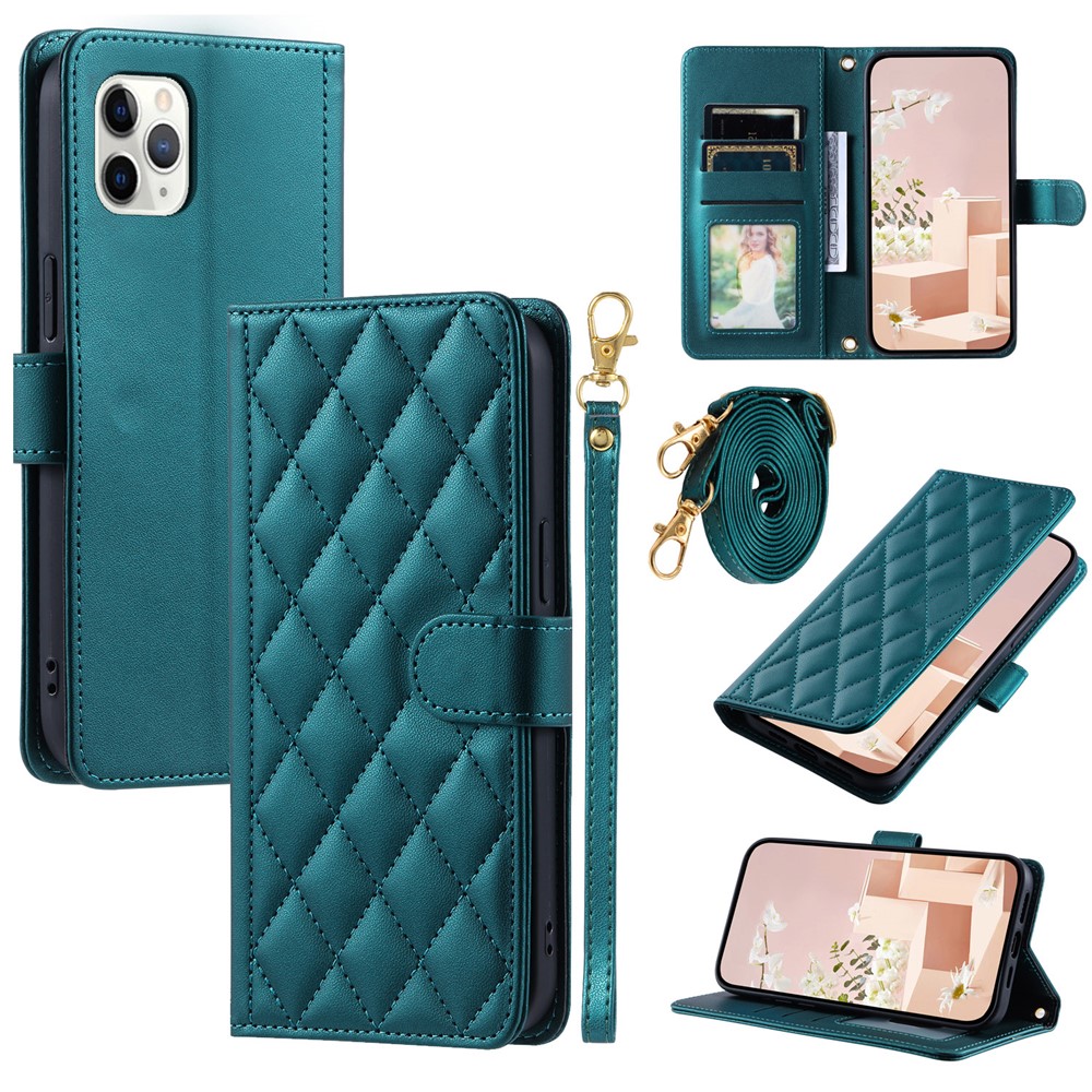 For iPhone 11 Pro Max Leather Case Stitching Rhombus Grid Crossbody Phone Cover - Green