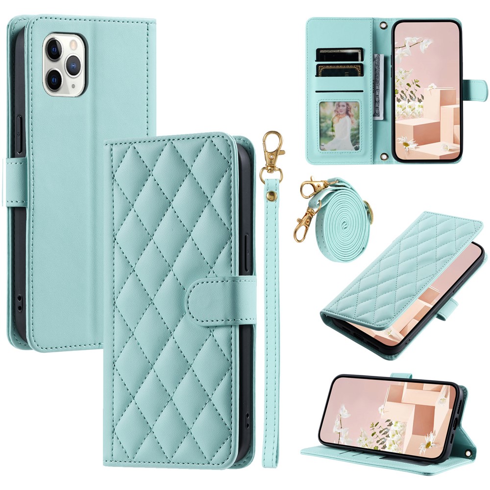For iPhone 11 Pro Max Leather Case Stitching Rhombus Grid Crossbody Phone Cover - Mint Green