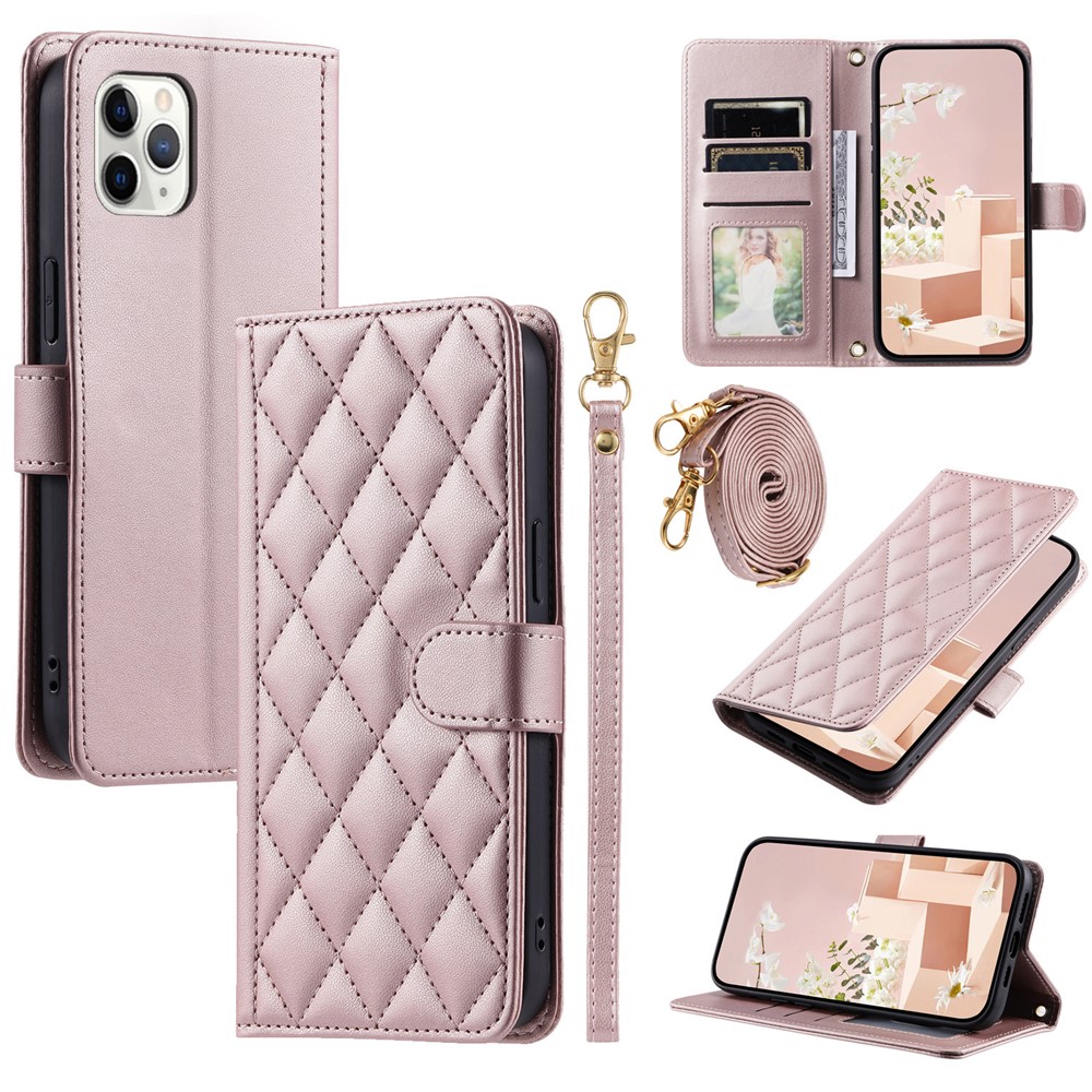 For iPhone 11 Pro Max Leather Case Stitching Rhombus Grid Crossbody Phone Cover - Rose Gold