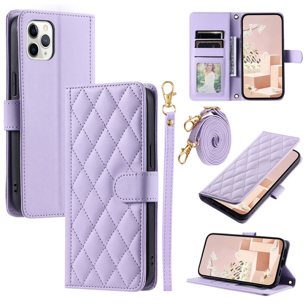 For iPhone 11 Pro Max Leather Case Stitching Rhombus Grid Crossbody Phone Cover - Purple