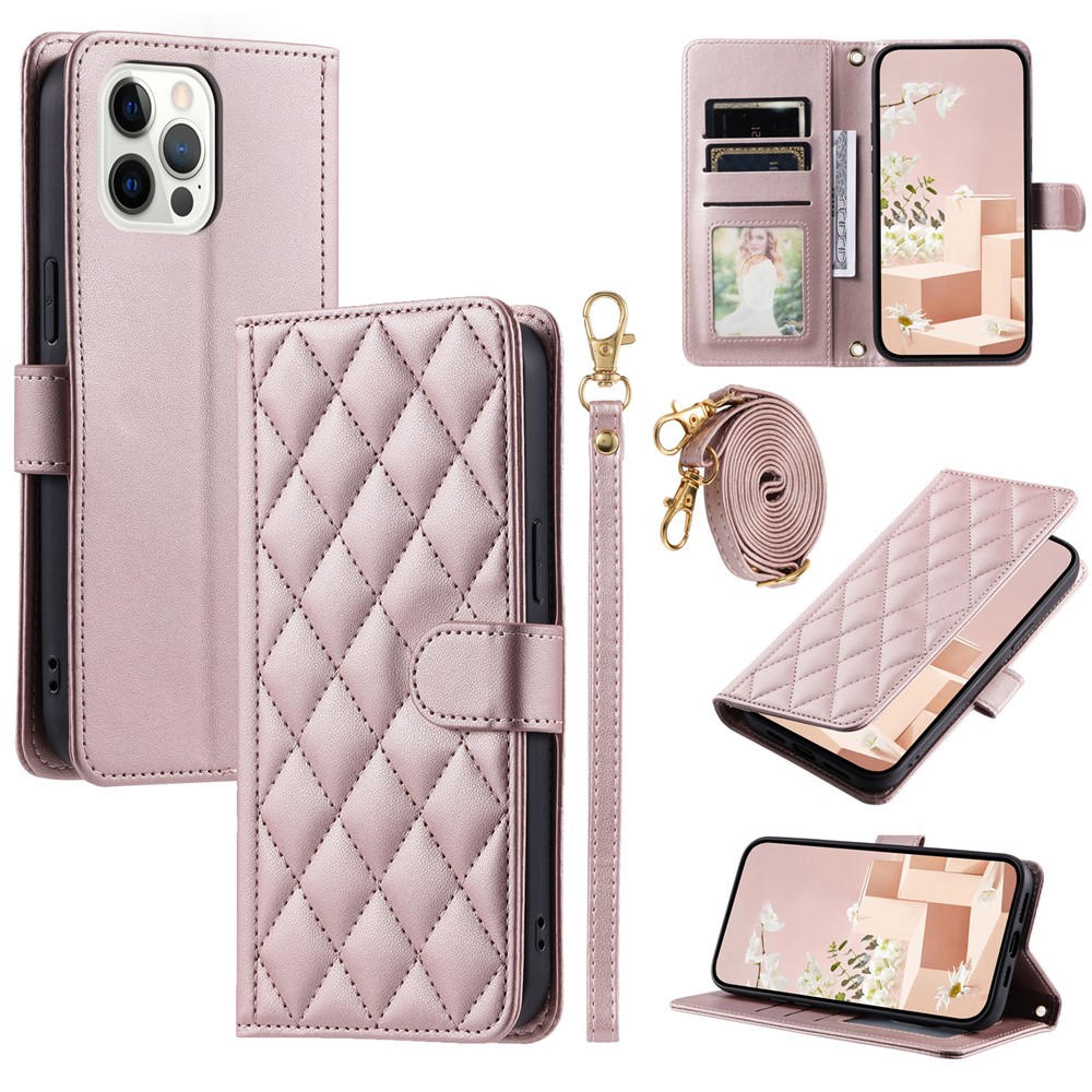 For iPhone 12 / 12 Pro Leather Case Wallet Stand Flip Phone Cover with 2 Straps - Rose Gold