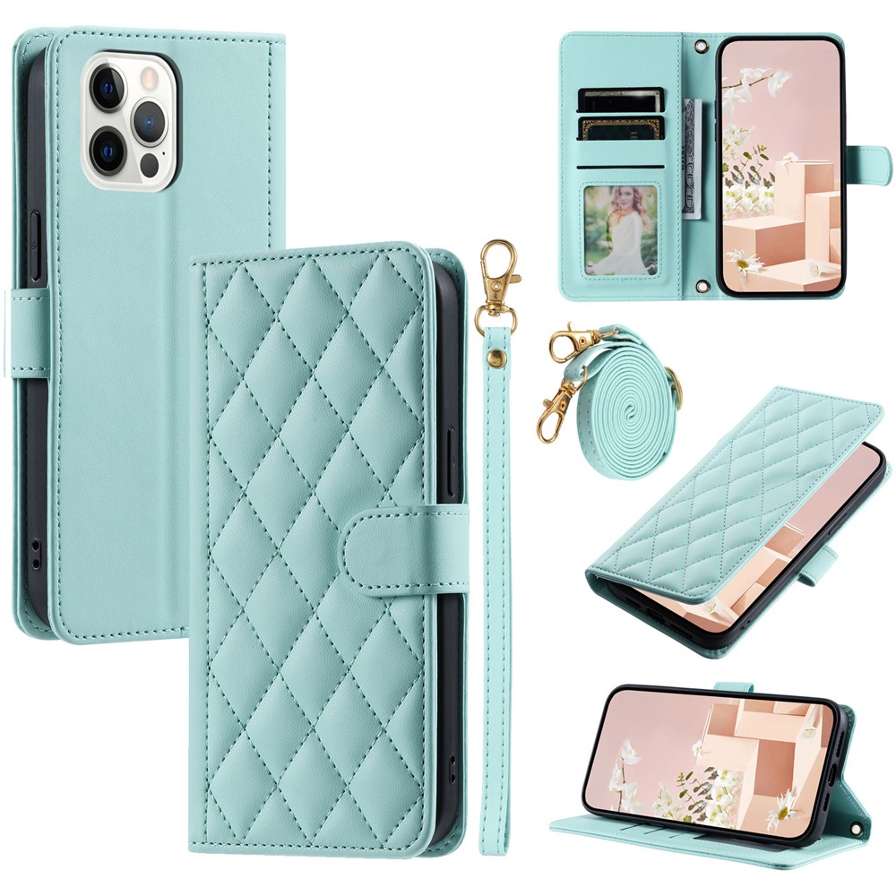 For iPhone 12 / 12 Pro Leather Case Wallet Stand Flip Phone Cover with 2 Straps - Mint Green