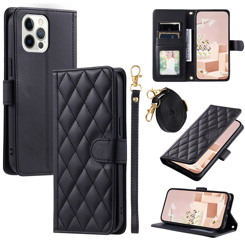 For iPhone 12 / 12 Pro Leather Case Wallet Stand Flip Phone Cover with 2 Straps - Black