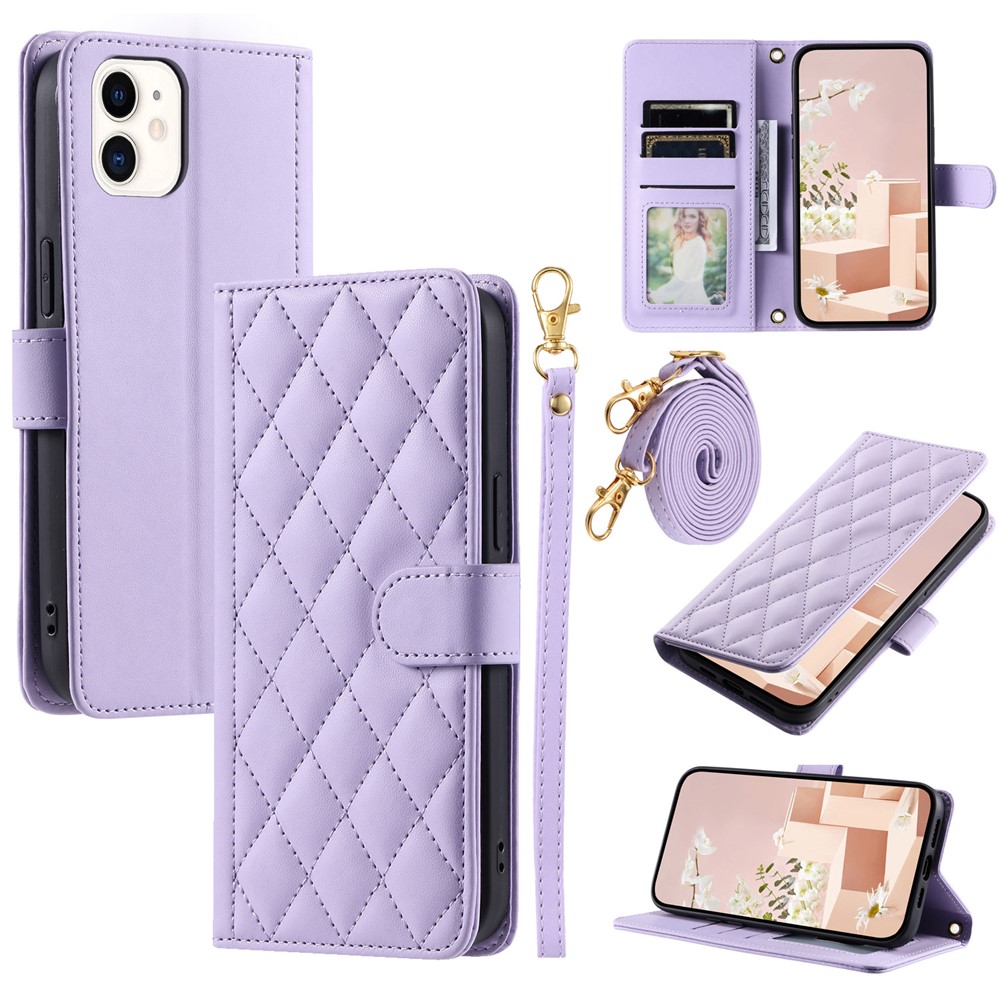 For iPhone 12 mini Leather Case Crossbody Phone Cover with 2 Straps - Purple