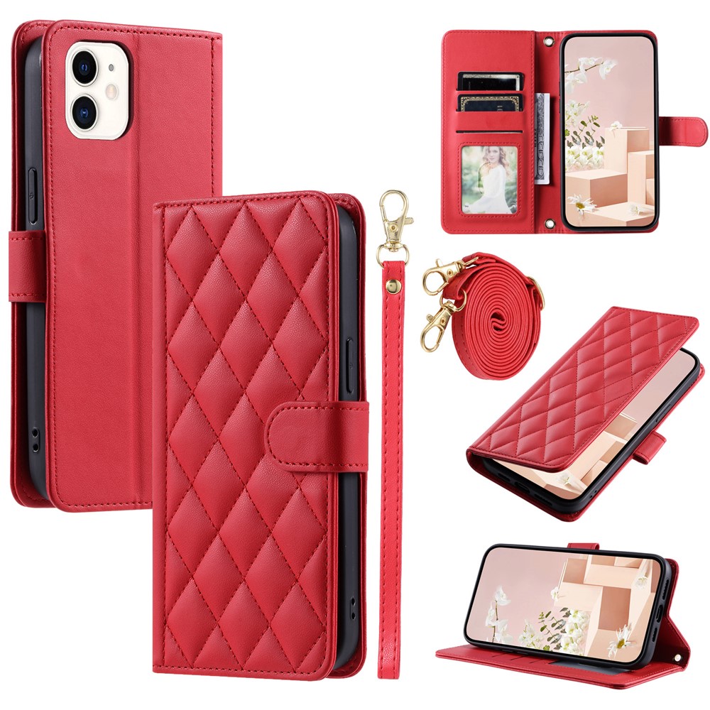 For iPhone 12 mini Leather Case Crossbody Phone Cover with 2 Straps - Red