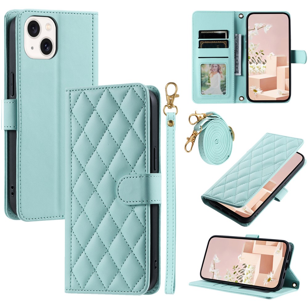 For iPhone 15 Plus Case Wallet Leather Phone Cover with Crossbody Shoulder Strap - Mint Green