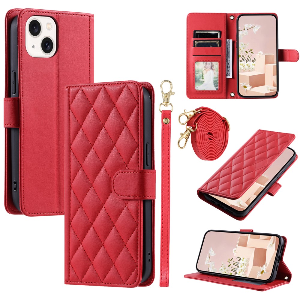For iPhone 15 Plus Case Wallet Leather Phone Cover with Crossbody Shoulder Strap - Red