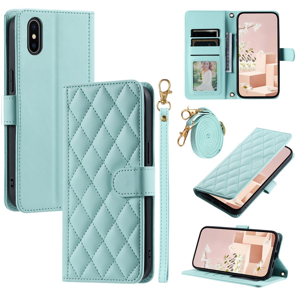 For iPhone XS Max Leather Wallet Case with Straps Rhombus Grid Phone Cover - Mint Green