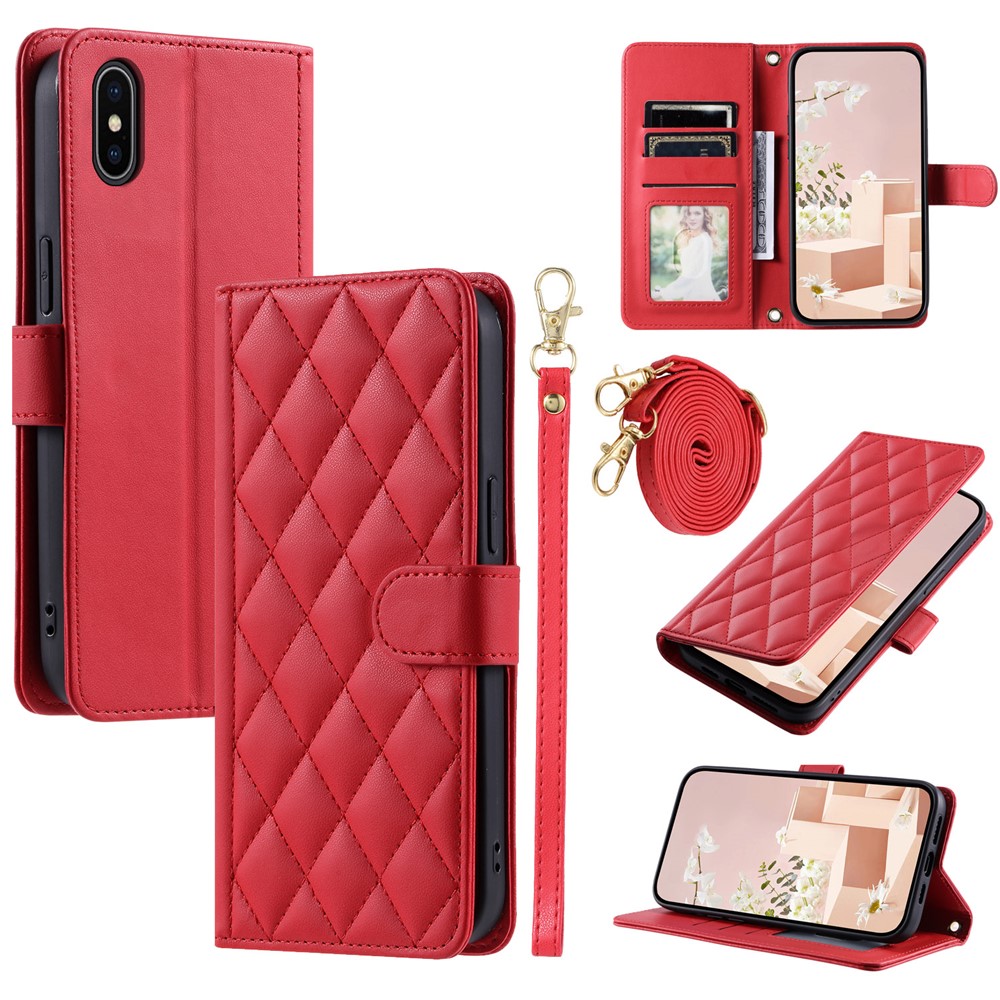 For iPhone XS Max Leather Wallet Case with Straps Rhombus Grid Phone Cover - Red