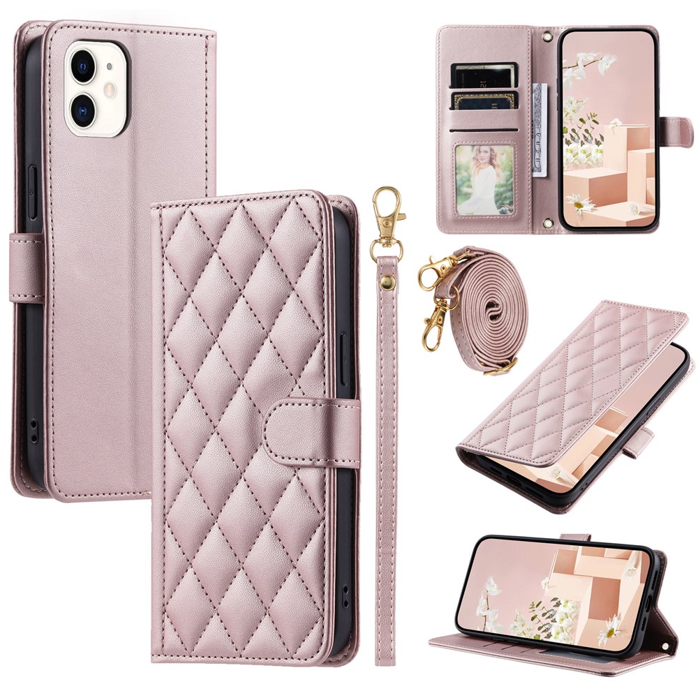 For iPhone 11 Case PU Leather Crossbody Phone Wallet Cover Stitching Rhombus Grid - Rose Gold