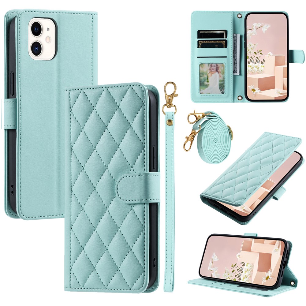 For iPhone 11 Case PU Leather Crossbody Phone Wallet Cover Stitching Rhombus Grid - Mint Green