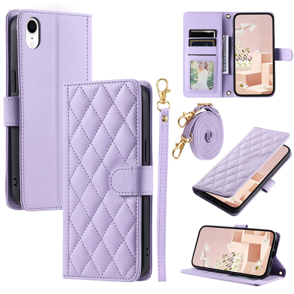 For iPhone XR Leather Case Rhombus Grid Flip Wallet Phone Cover with Straps - Purple
