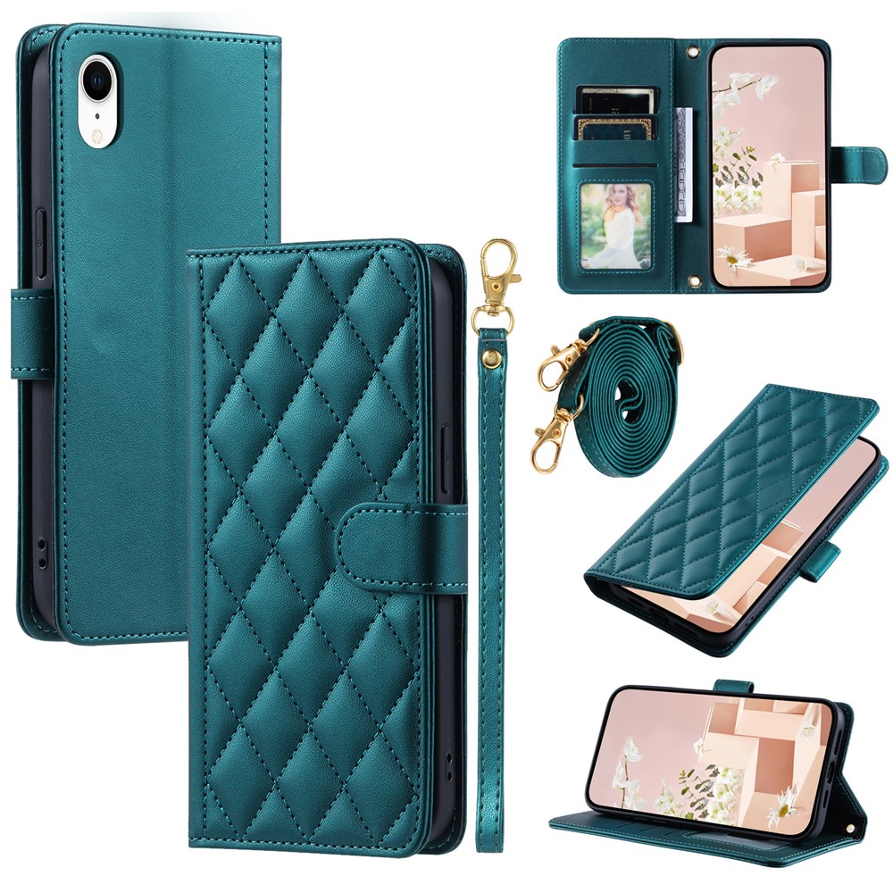 For iPhone XR Leather Case Rhombus Grid Flip Wallet Phone Cover with Straps - Green