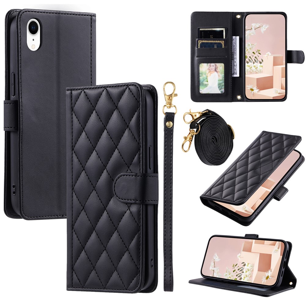 For iPhone XR Leather Case Rhombus Grid Flip Wallet Phone Cover with Straps - Black