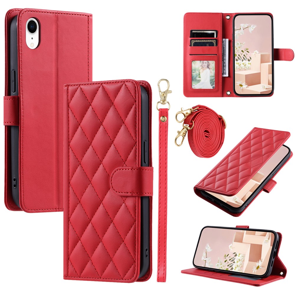 For iPhone XR Leather Case Rhombus Grid Flip Wallet Phone Cover with Straps - Red