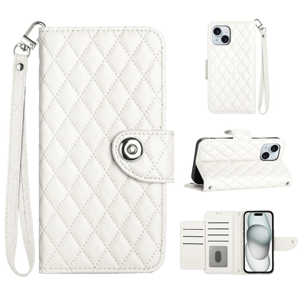 For iPhone 14 Plus Leather Case Phone Stand Cover with 7 Card Slots and Hand Strap - White