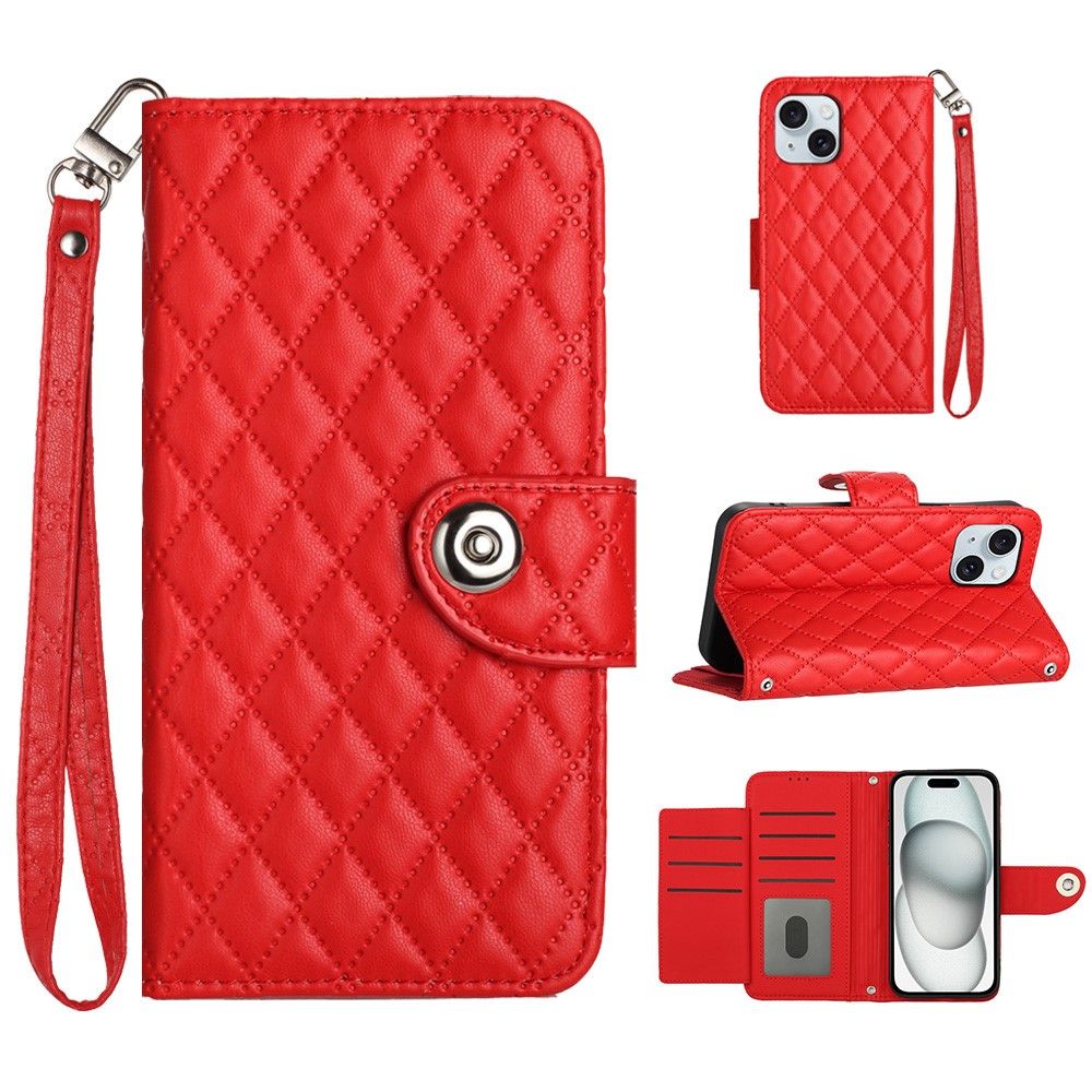For iPhone 14 Plus Leather Case Phone Stand Cover with 7 Card Slots and Hand Strap - Red