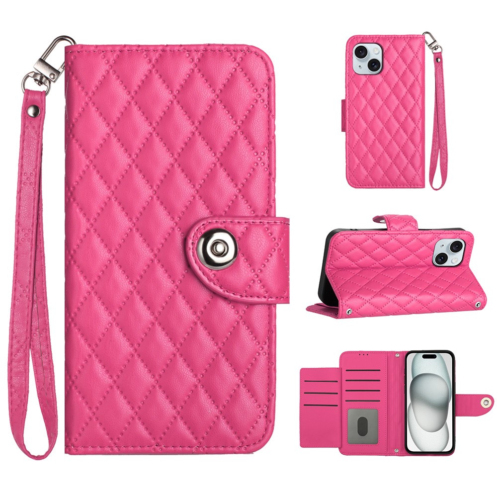For iPhone 14 Plus Leather Case Phone Stand Cover with 7 Card Slots and Hand Strap - Rose