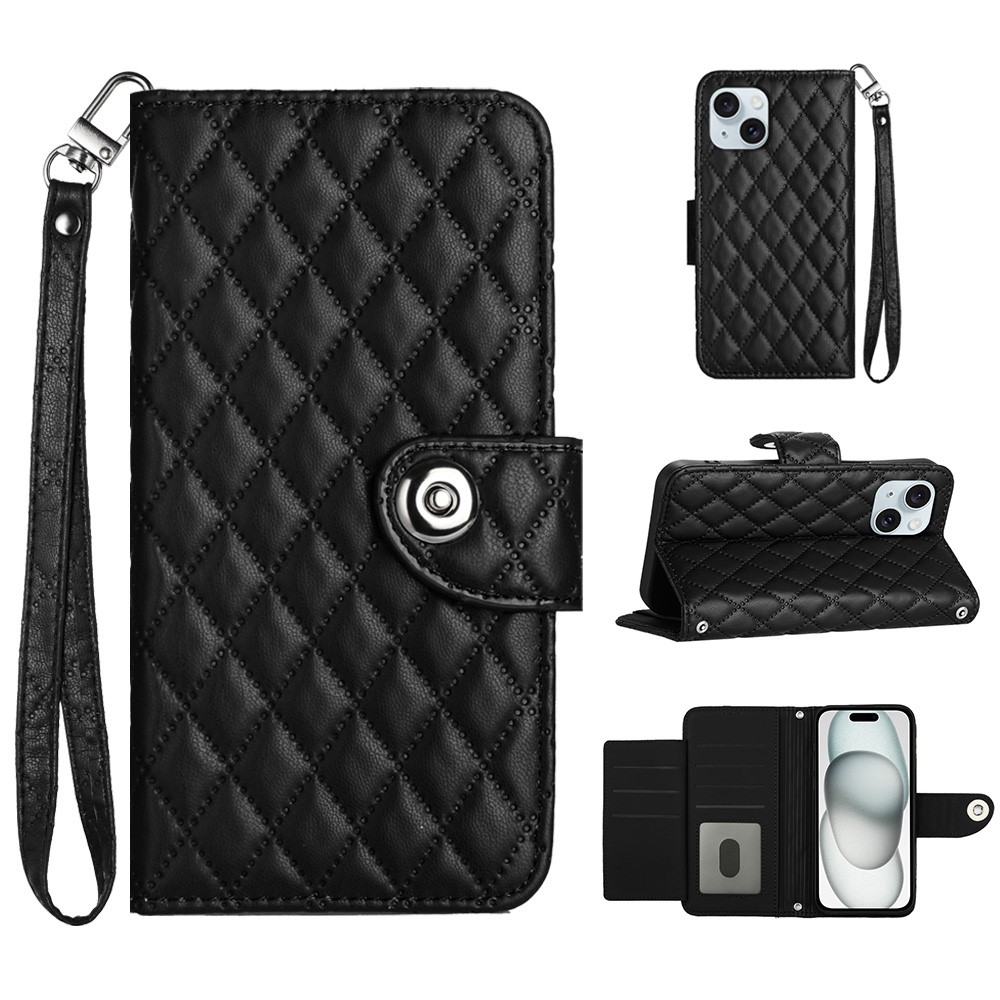 For iPhone 15 Plus Leather Case Phone Stand Cover with 7 Card Slots and Hand Strap - Black
