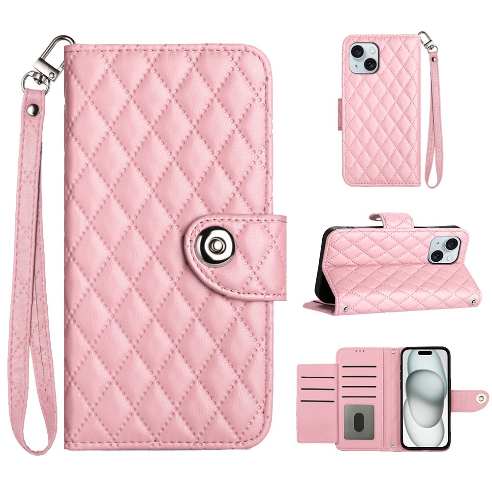 For iPhone 15 Plus Leather Case Phone Stand Cover with 7 Card Slots and Hand Strap - Pink