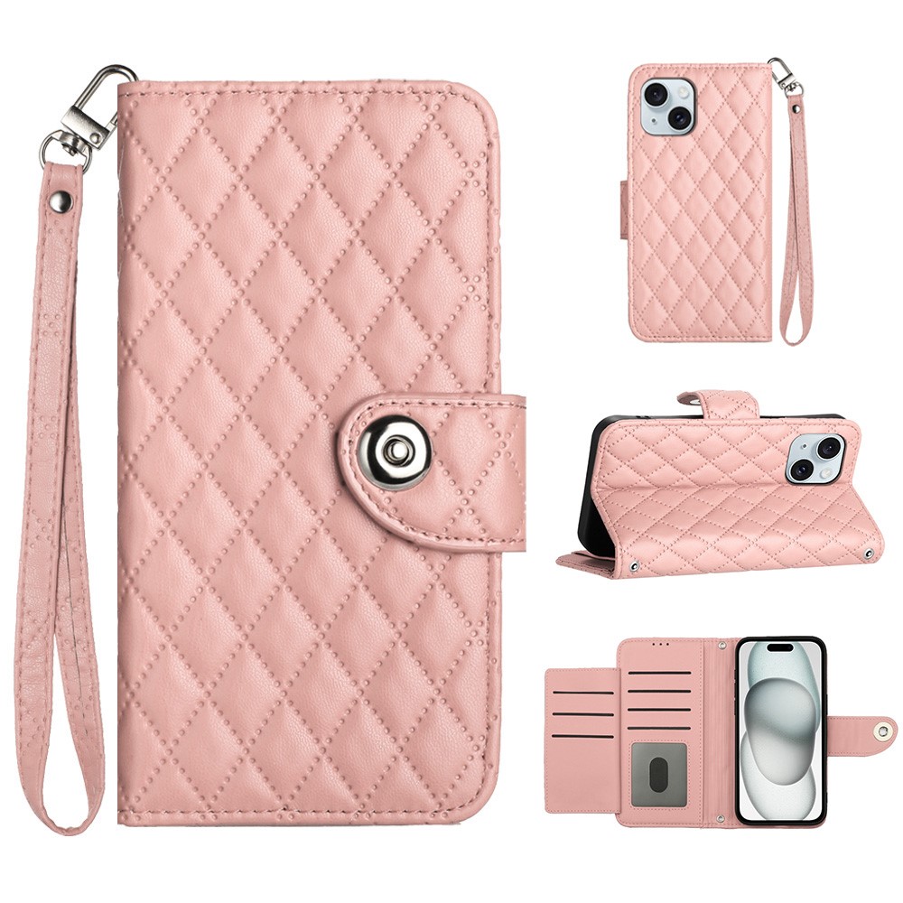 For iPhone 15 Plus Leather Case Phone Stand Cover with 7 Card Slots and Hand Strap - Coral