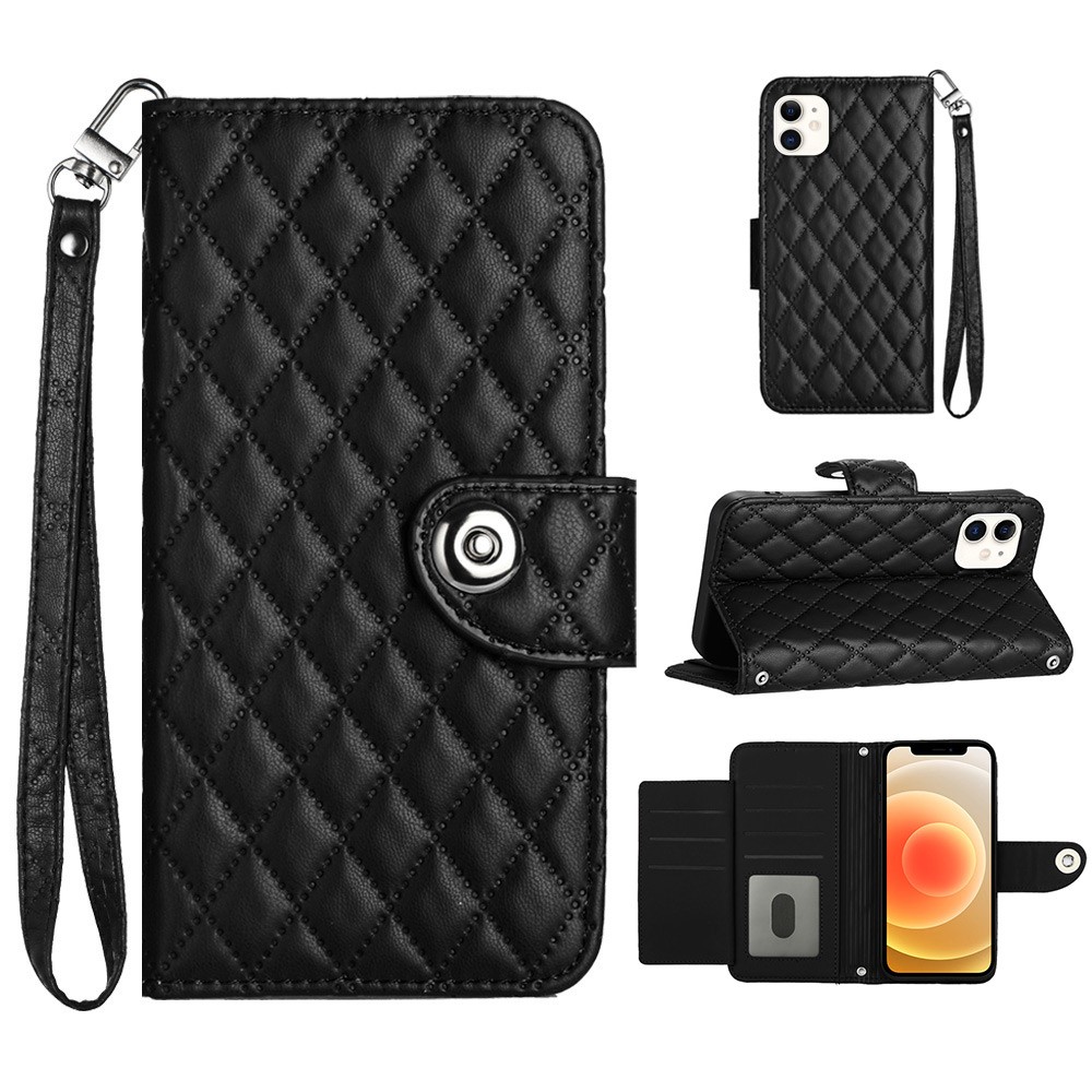 For iPhone 12 / 12 Pro Leather Case Phone Stand Cover with 7 Card Slots and Hand Strap - Black