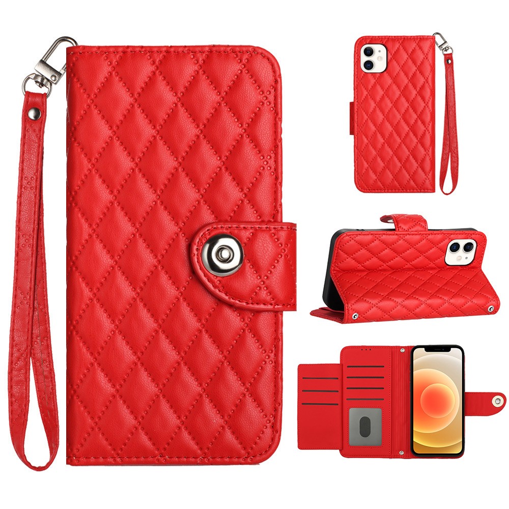 For iPhone 12 / 12 Pro Leather Case Phone Stand Cover with 7 Card Slots and Hand Strap - Red