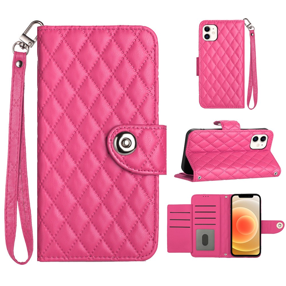 For iPhone 12 / 12 Pro Leather Case Phone Stand Cover with 7 Card Slots and Hand Strap - Rose