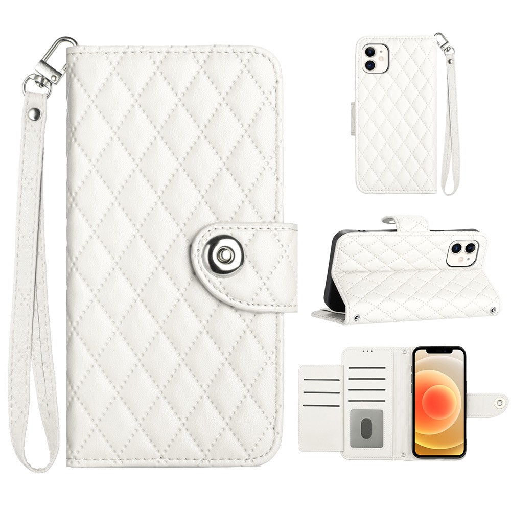 For iPhone 12 / 12 Pro Leather Case Phone Stand Cover with 7 Card Slots and Hand Strap - White