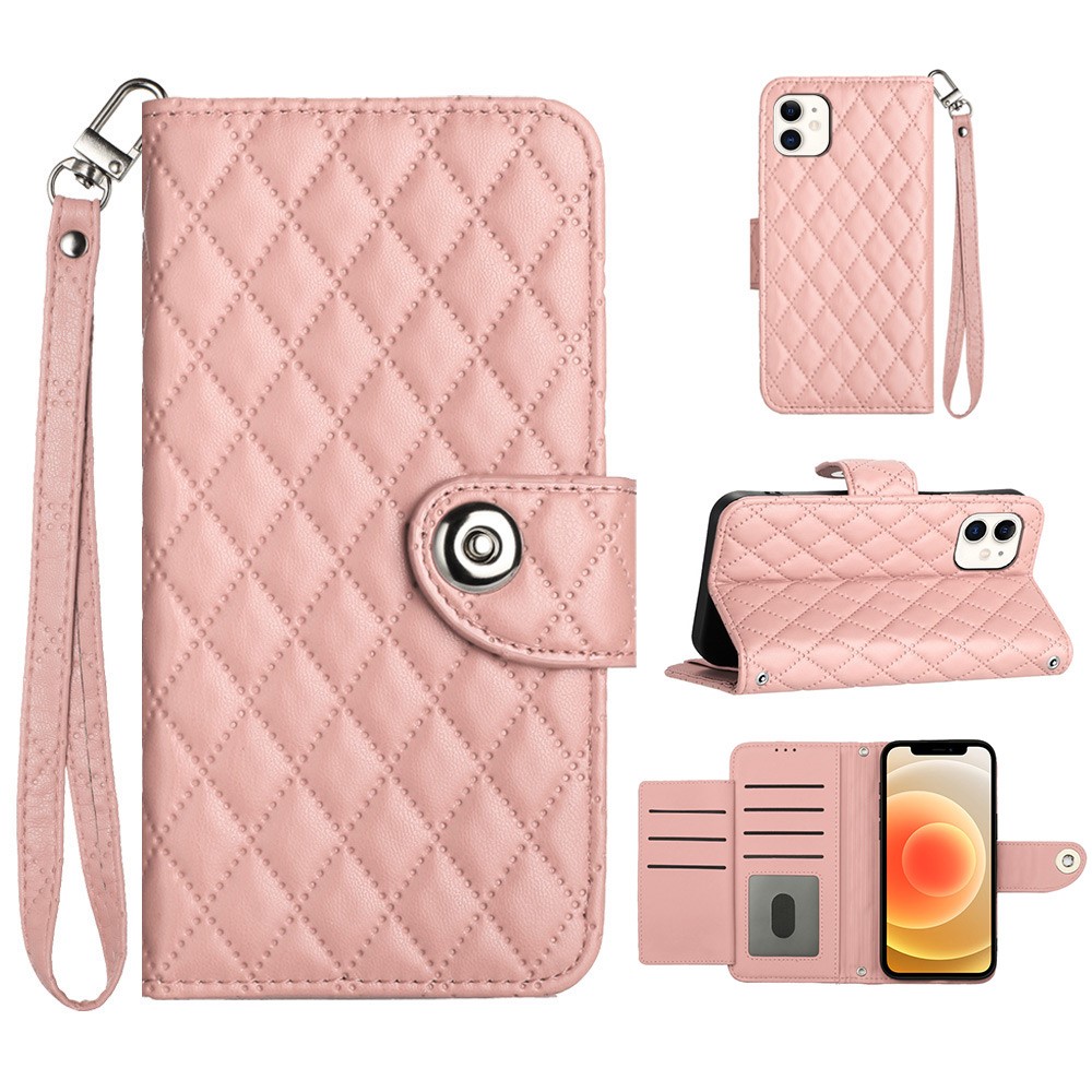 For iPhone 12 / 12 Pro Leather Case Phone Stand Cover with 7 Card Slots and Hand Strap - Coral