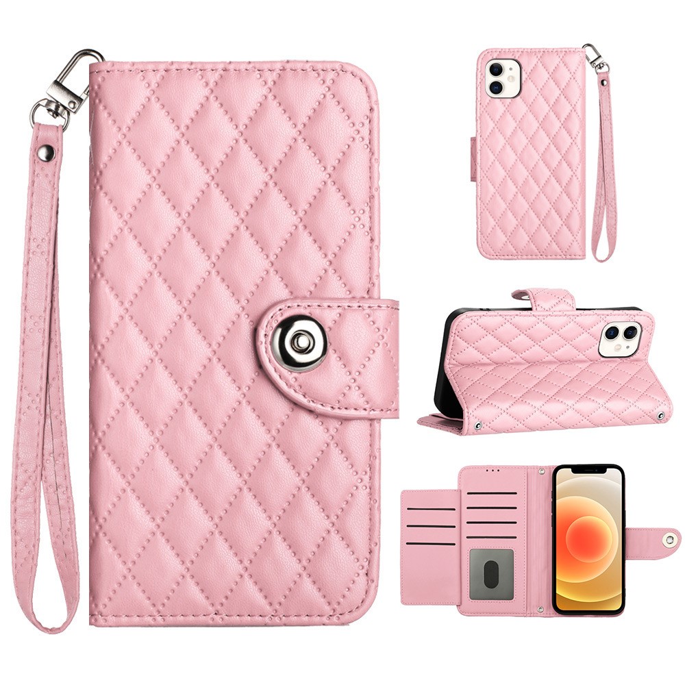 For iPhone 12 / 12 Pro Leather Case Phone Stand Cover with 7 Card Slots and Hand Strap - Pink