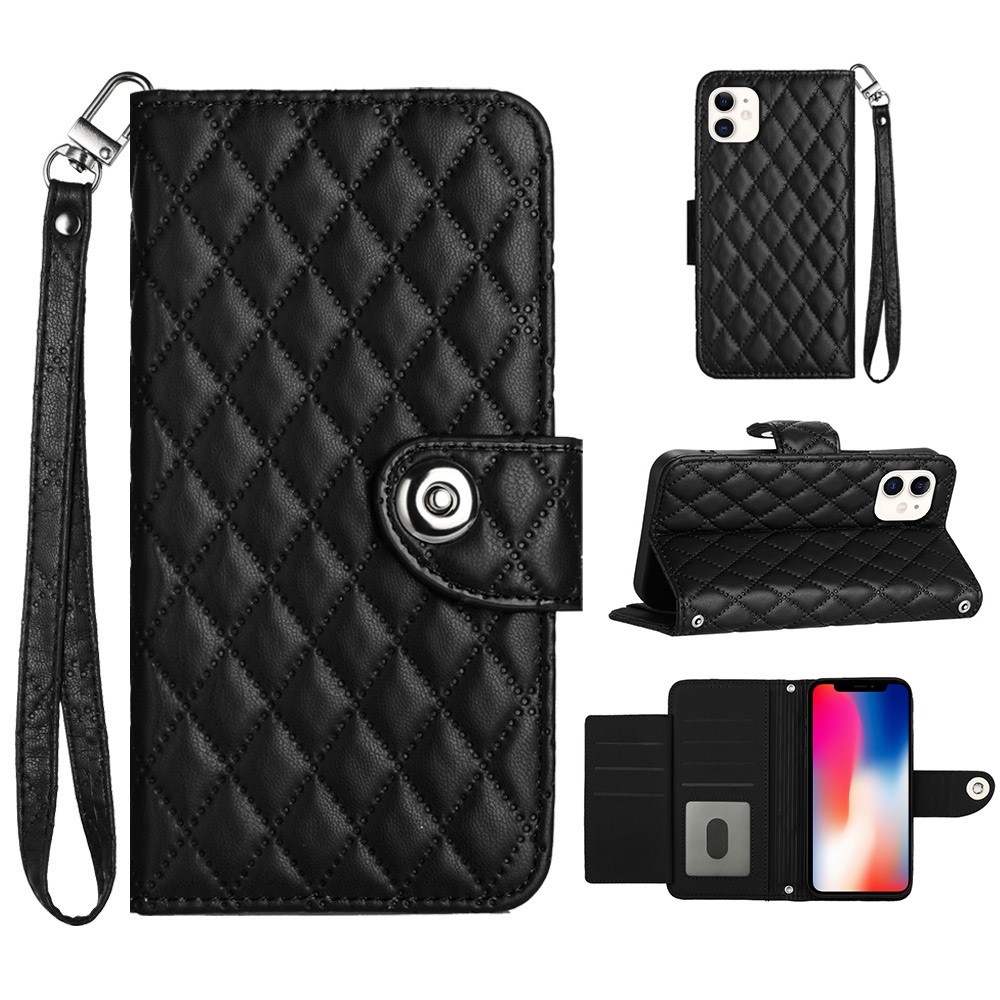 For iPhone 11 Leather Case Phone Stand Cover with 7 Card Slots and Hand Strap - Black