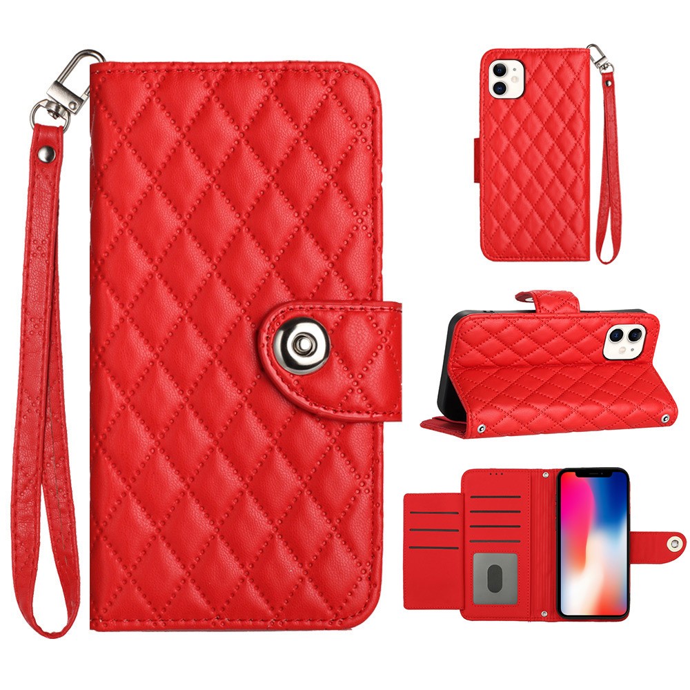For iPhone 11 Leather Case Phone Stand Cover with 7 Card Slots and Hand Strap - Red