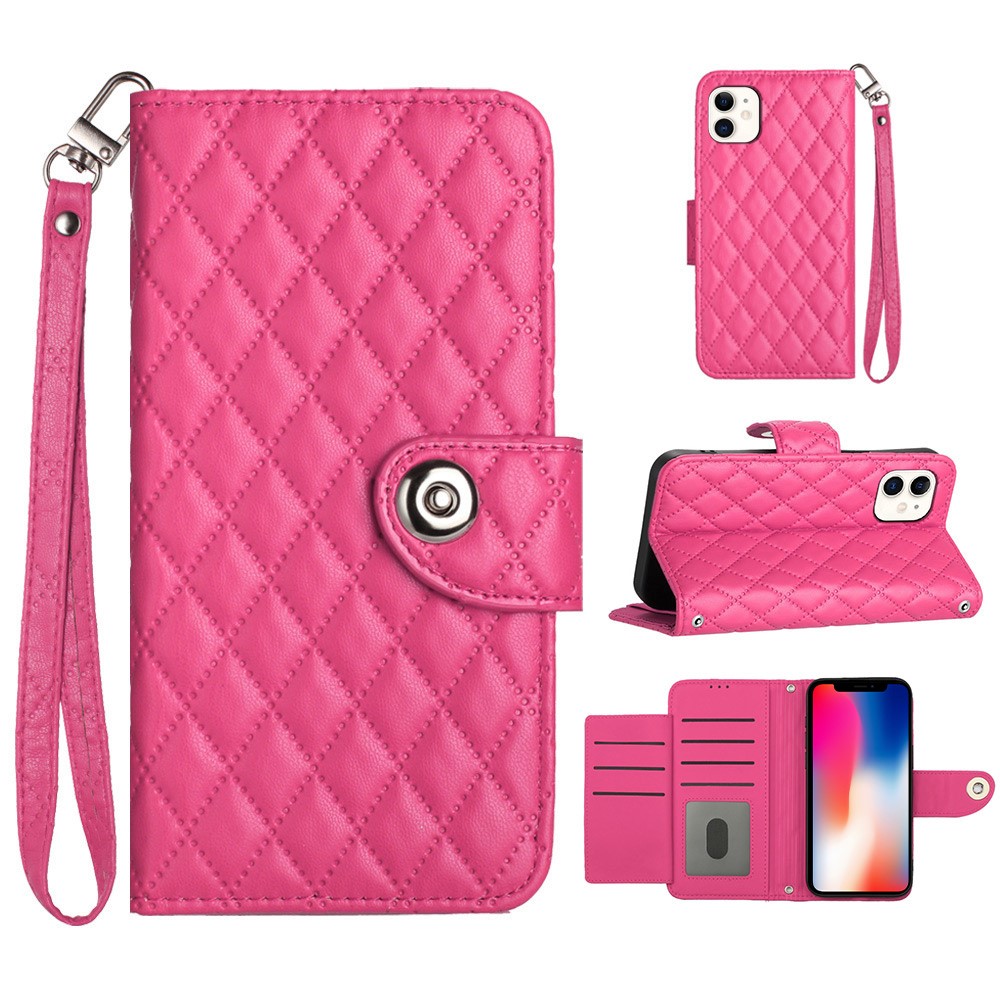 For iPhone 11 Leather Case Phone Stand Cover with 7 Card Slots and Hand Strap - Rose