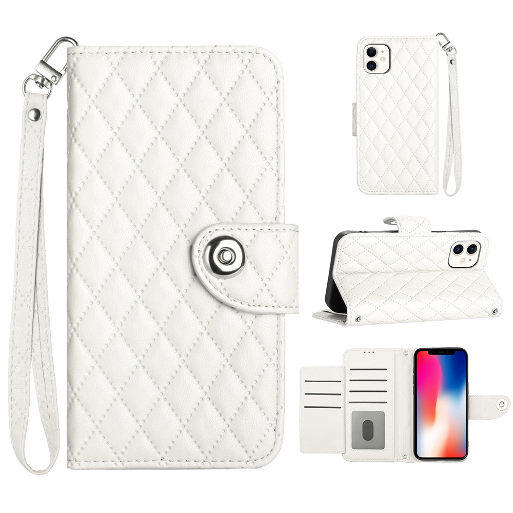 For iPhone 11 Leather Case Phone Stand Cover with 7 Card Slots and Hand Strap - White