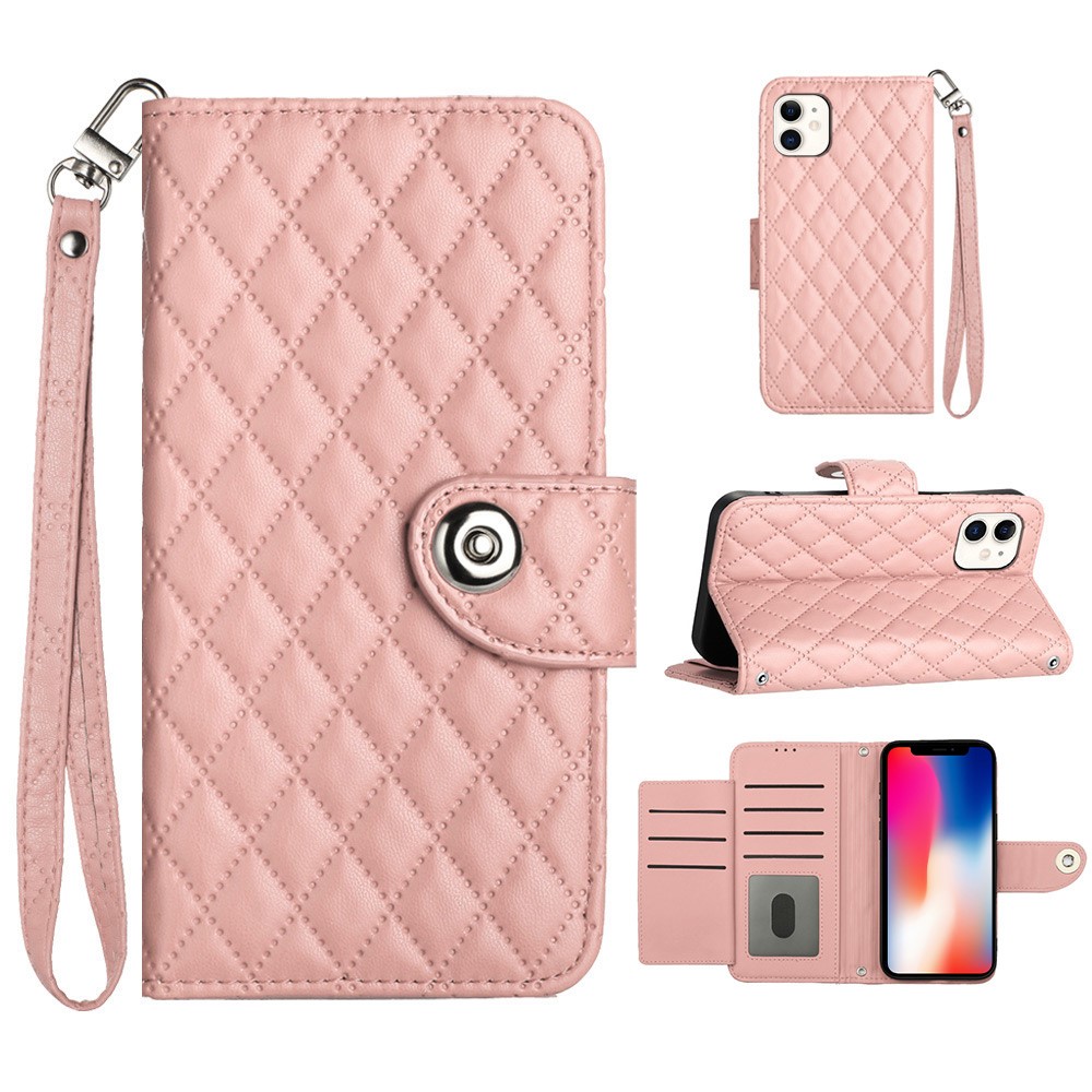 For iPhone 11 Leather Case Phone Stand Cover with 7 Card Slots and Hand Strap - Coral