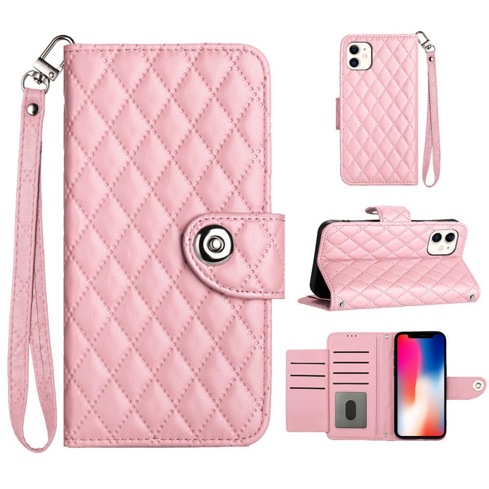 For iPhone 11 Leather Case Phone Stand Cover with 7 Card Slots and Hand Strap - Pink
