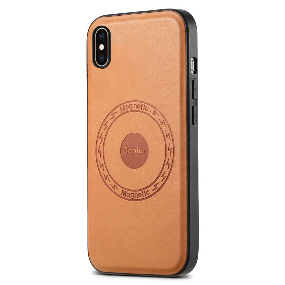 DENIOR For iPhone XS Max Magnetic Case PU Leather Coated PC+TPU Shockproof Phone Cover - Khaki