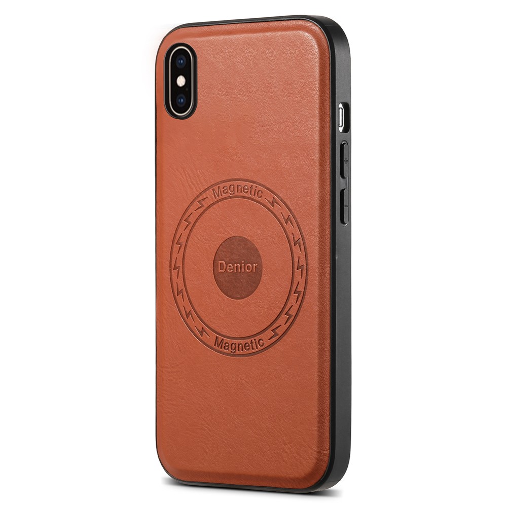 DENIOR For iPhone XS Max Magnetic Case PU Leather Coated PC+TPU Shockproof Phone Cover - Brown