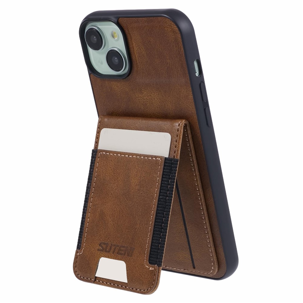 SUTENI H03 For iPhone 15 Plus Case Waxy Texture PU Leather Phone Cover with Card Slots - Brown