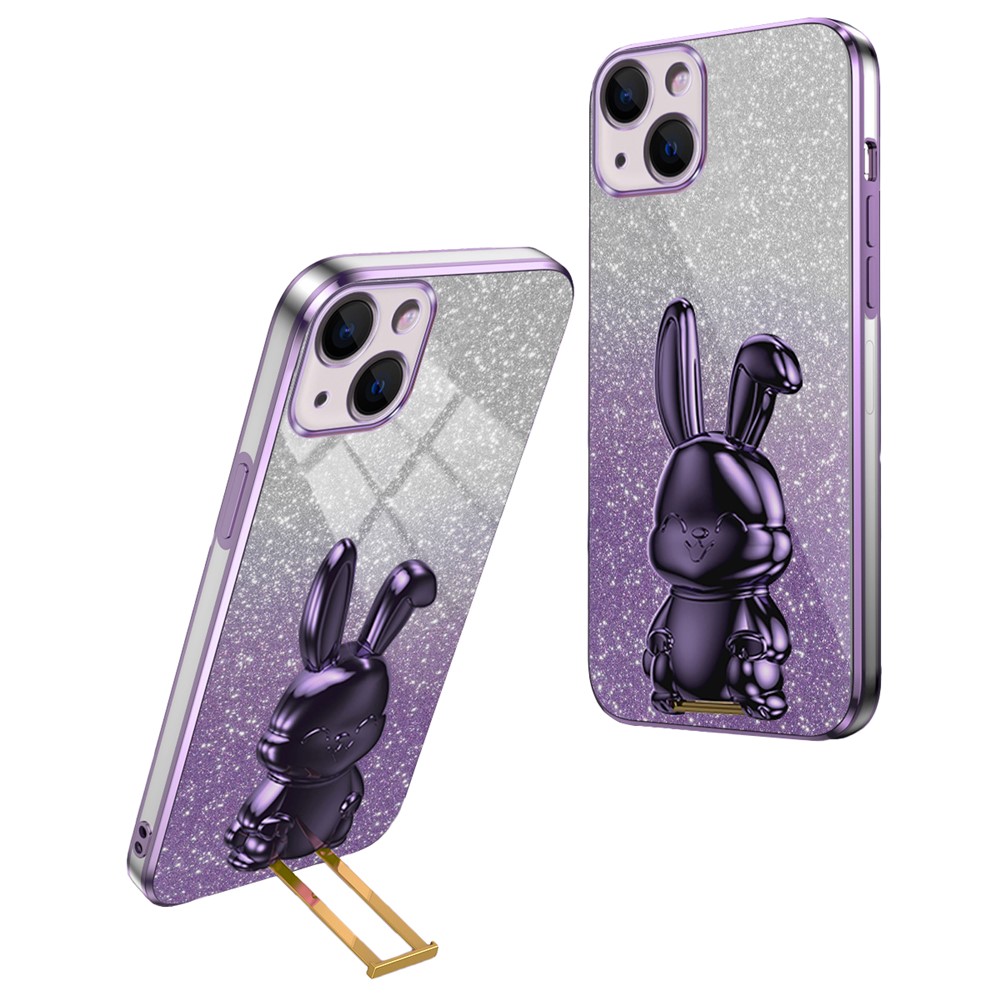 For iPhone 15 Plus Glitter Case Cute Rabbit Electroplating Phone Cover with Kickstand - Purple
