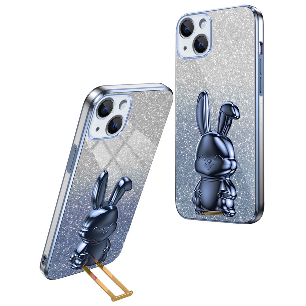For iPhone 15 Plus Glitter Case Cute Rabbit Electroplating Phone Cover with Kickstand - Blue