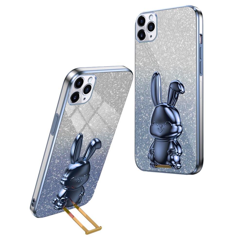 For iPhone 11 Pro Max Cartoon Rabbit Case Pull-out Kickstand Smart Phone Cover - Blue