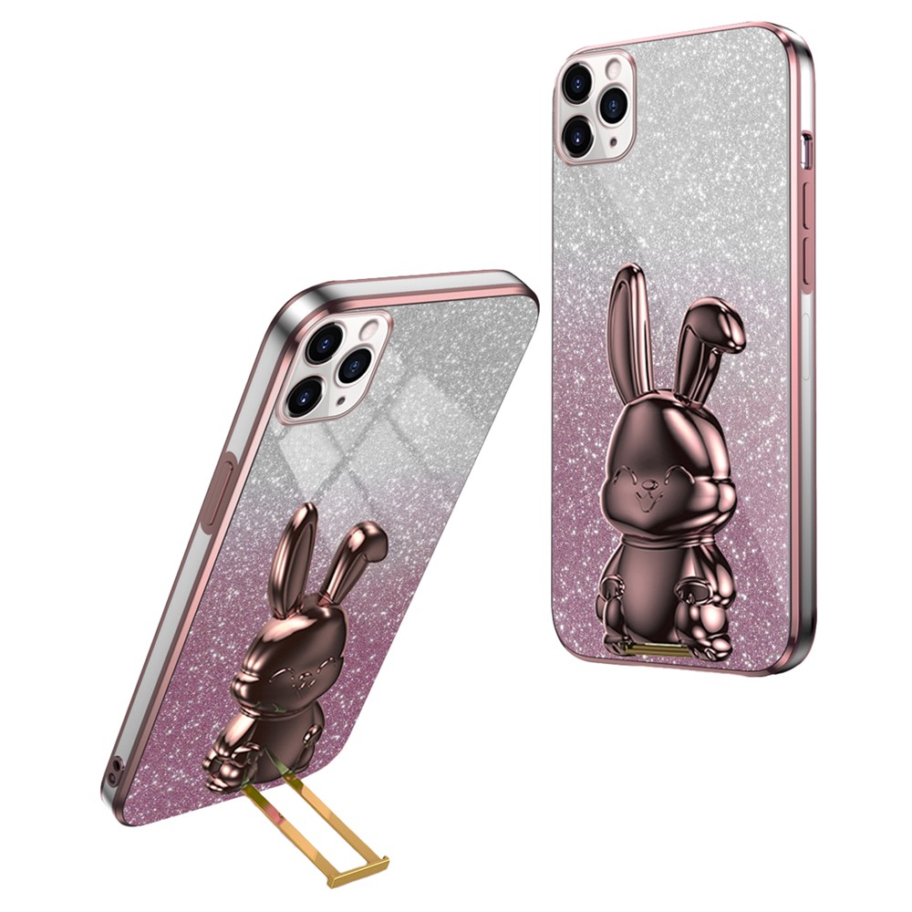 For iPhone 11 Pro Max Cartoon Rabbit Case Pull-out Kickstand Smart Phone Cover - Pink