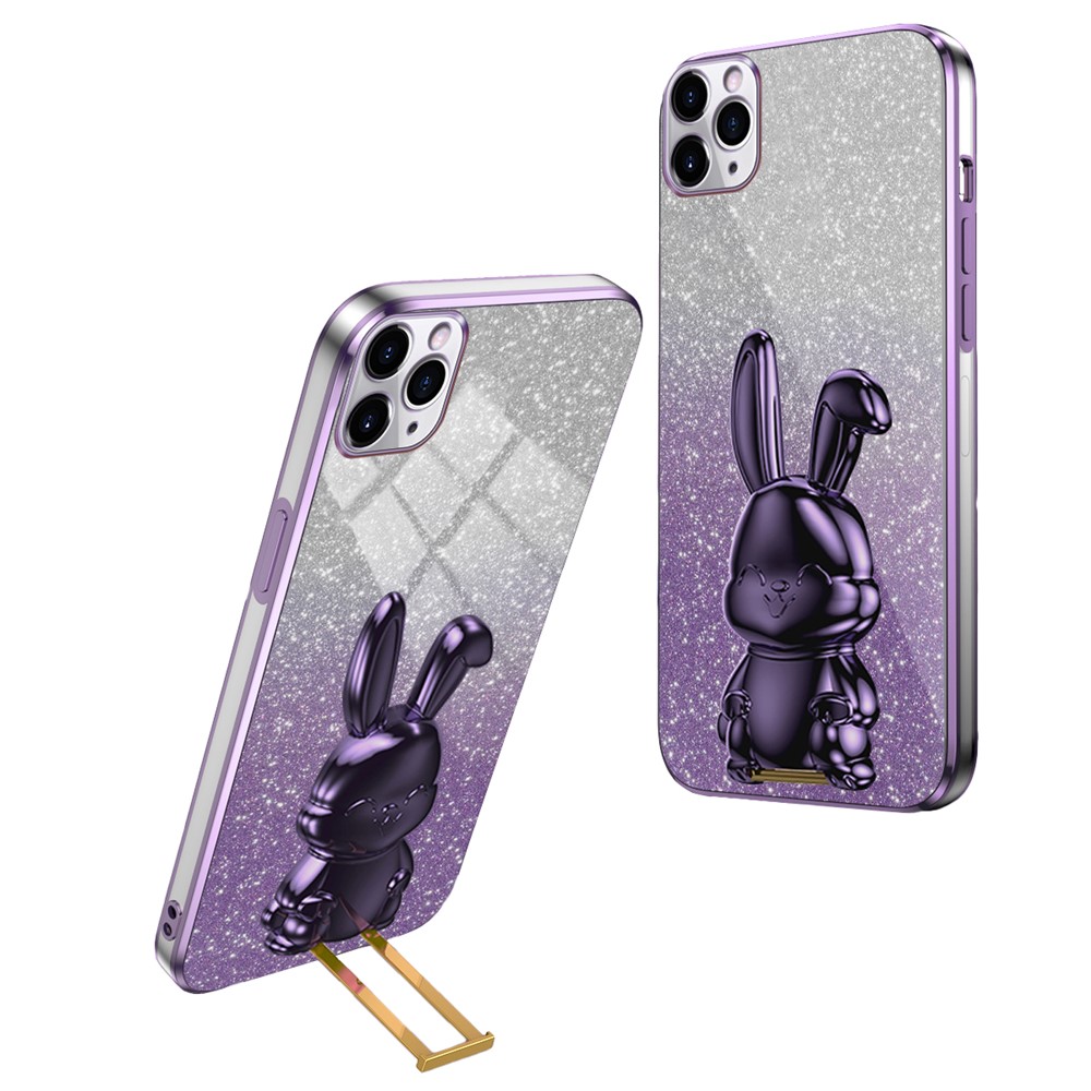 For iPhone 11 Pro Max Cartoon Rabbit Case Pull-out Kickstand Smart Phone Cover - Purple
